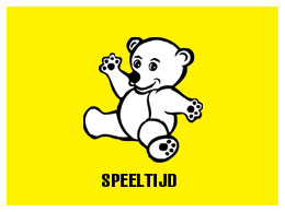 SPEELTIJD, de afbeelding toont een icoon van een teddybeer, zwart op een gele achtergrond,  hier kan je doorklikken naar de pagina met artikelen om te spelen, parken, speelmatten, speelgoed, enz..,  van de website van entrepot baby outlet